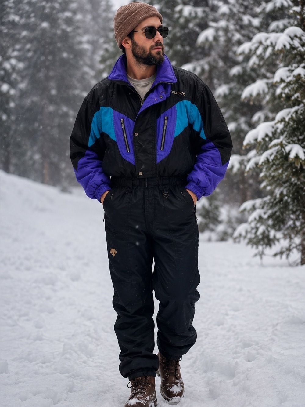 Vintage Descente Stylish Black 80’s Color Block Full Ski Suit Jumpsuit Men’s L